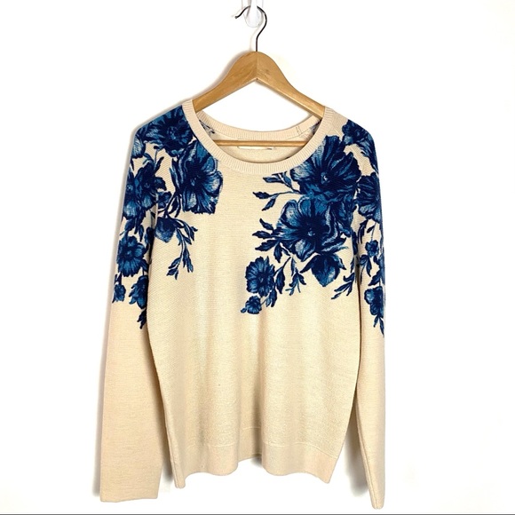Tory Burch Sweaters - Tory Burch Beige Blue Merino Wool Floral Sweater